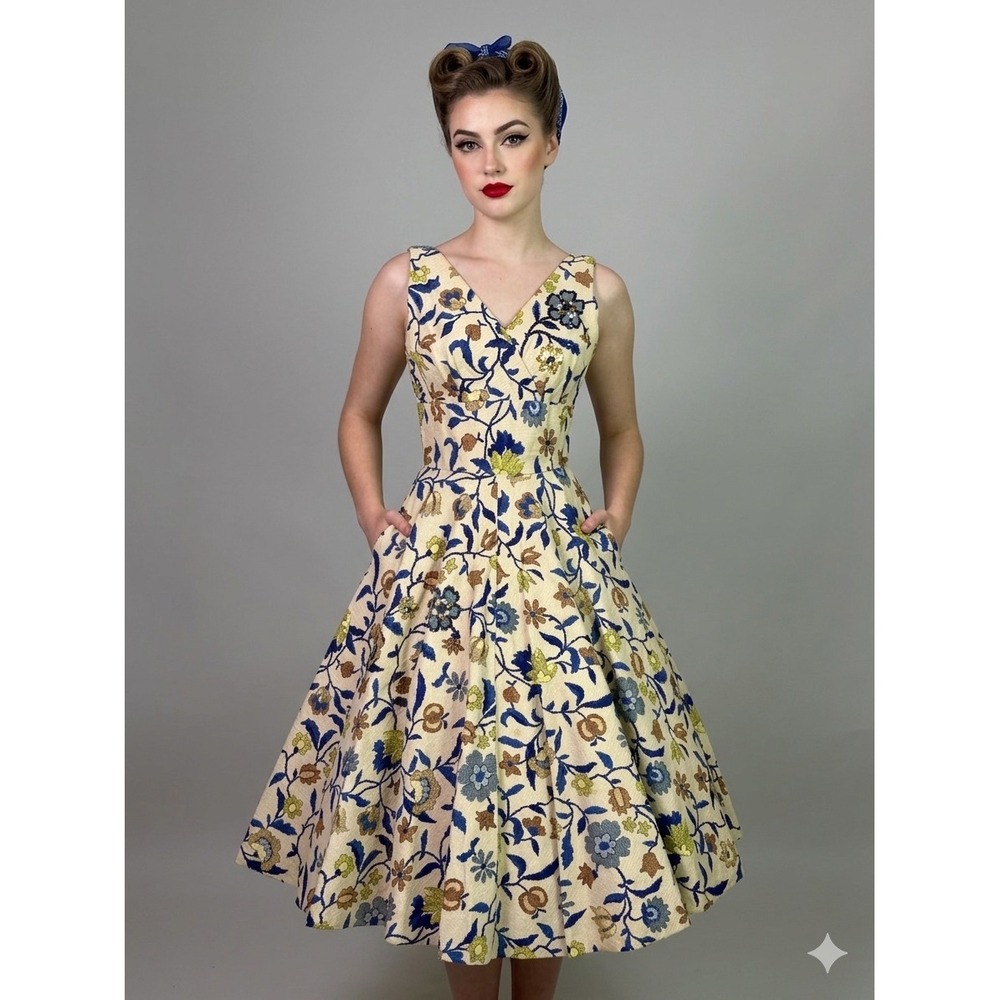 Vintage 1950s Linen Floral Dress Sequin Embellished Fit Flare Dress S